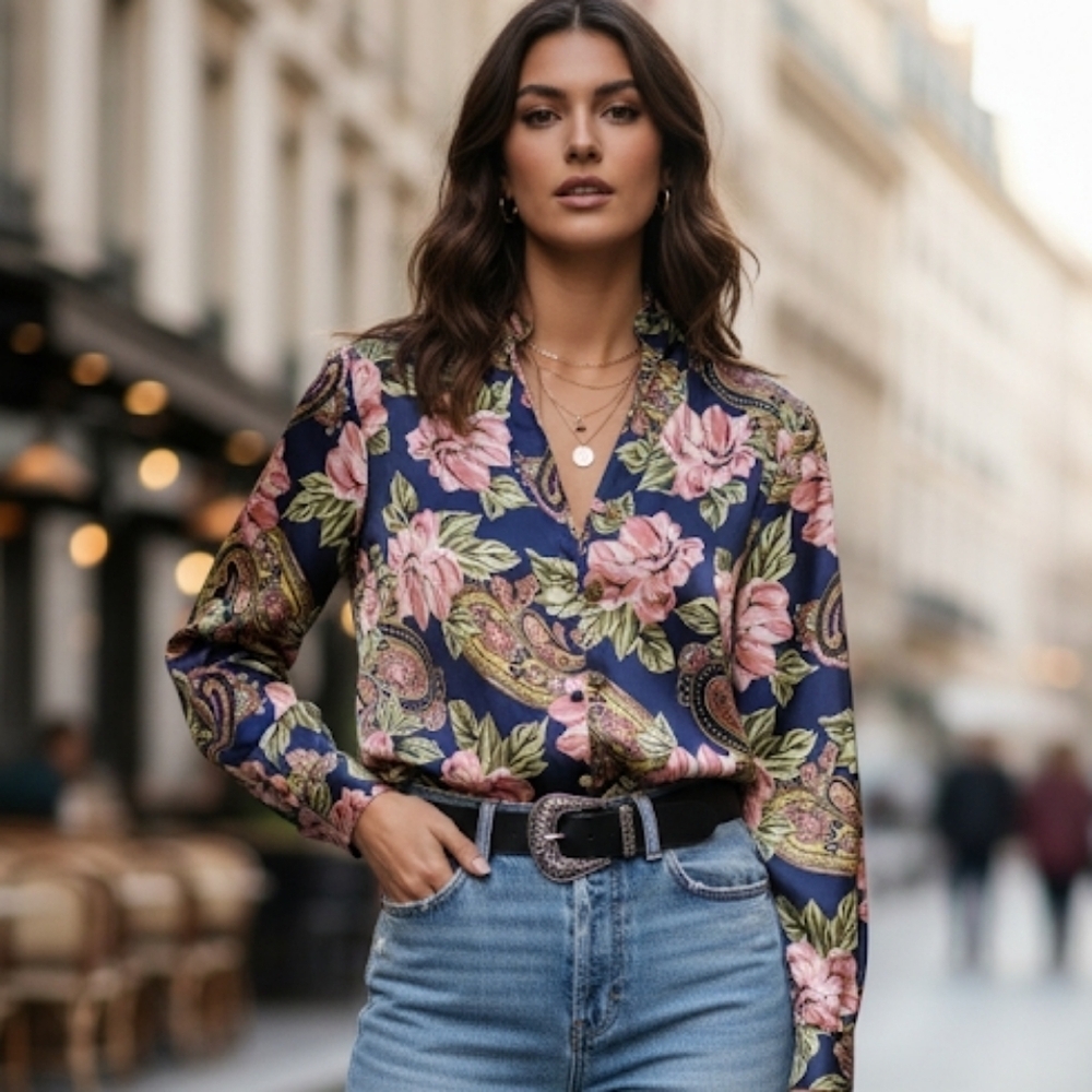 Vintage HER Floral Paisley Satin Blouse Size S